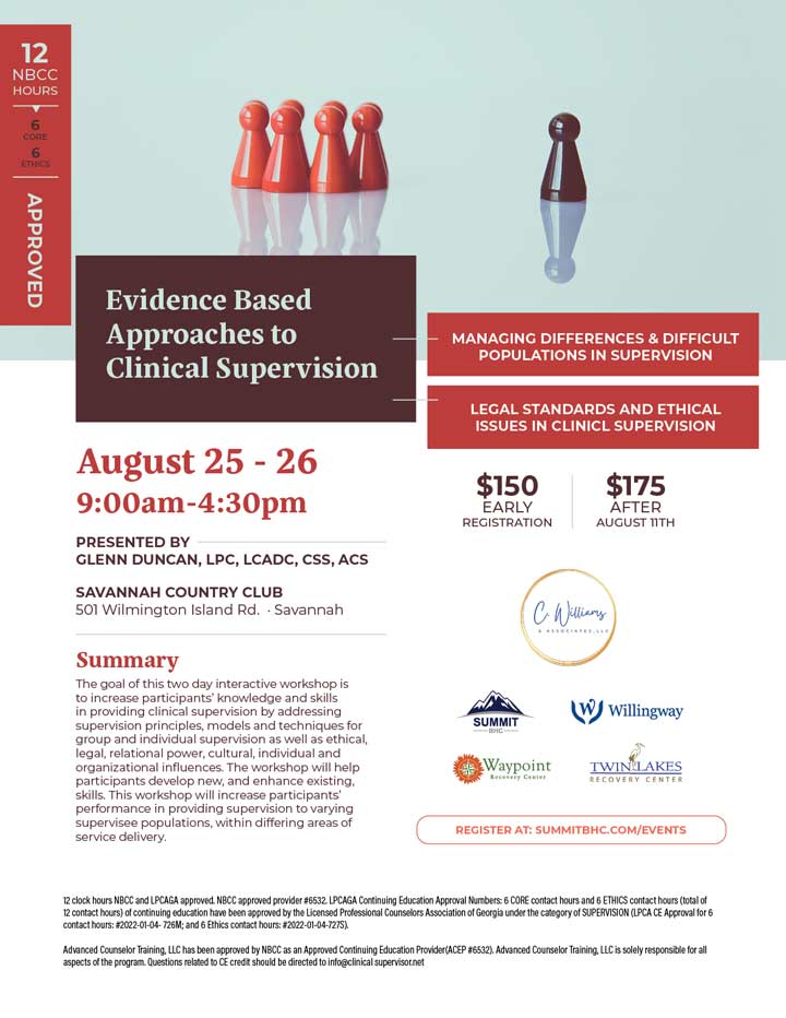 Evidence Based Approaches to Clinical Supervision - In Person Event - Savannah Country Club - August 25 & 26, 2022