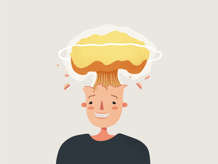 illustration of cartoon man with the top of his head exploding into a mushroom cloud - burnout