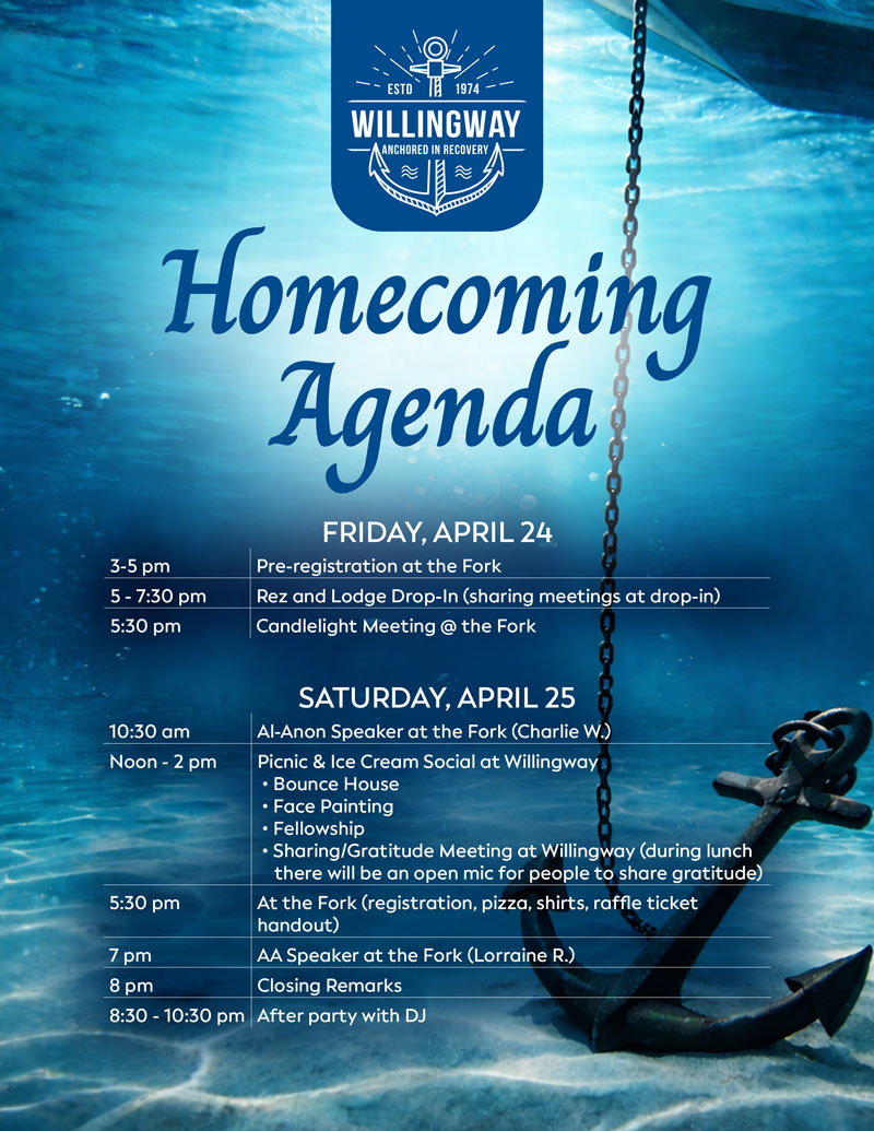Agenda for the Willingway Homecoming event - April 24 - April 25 2026